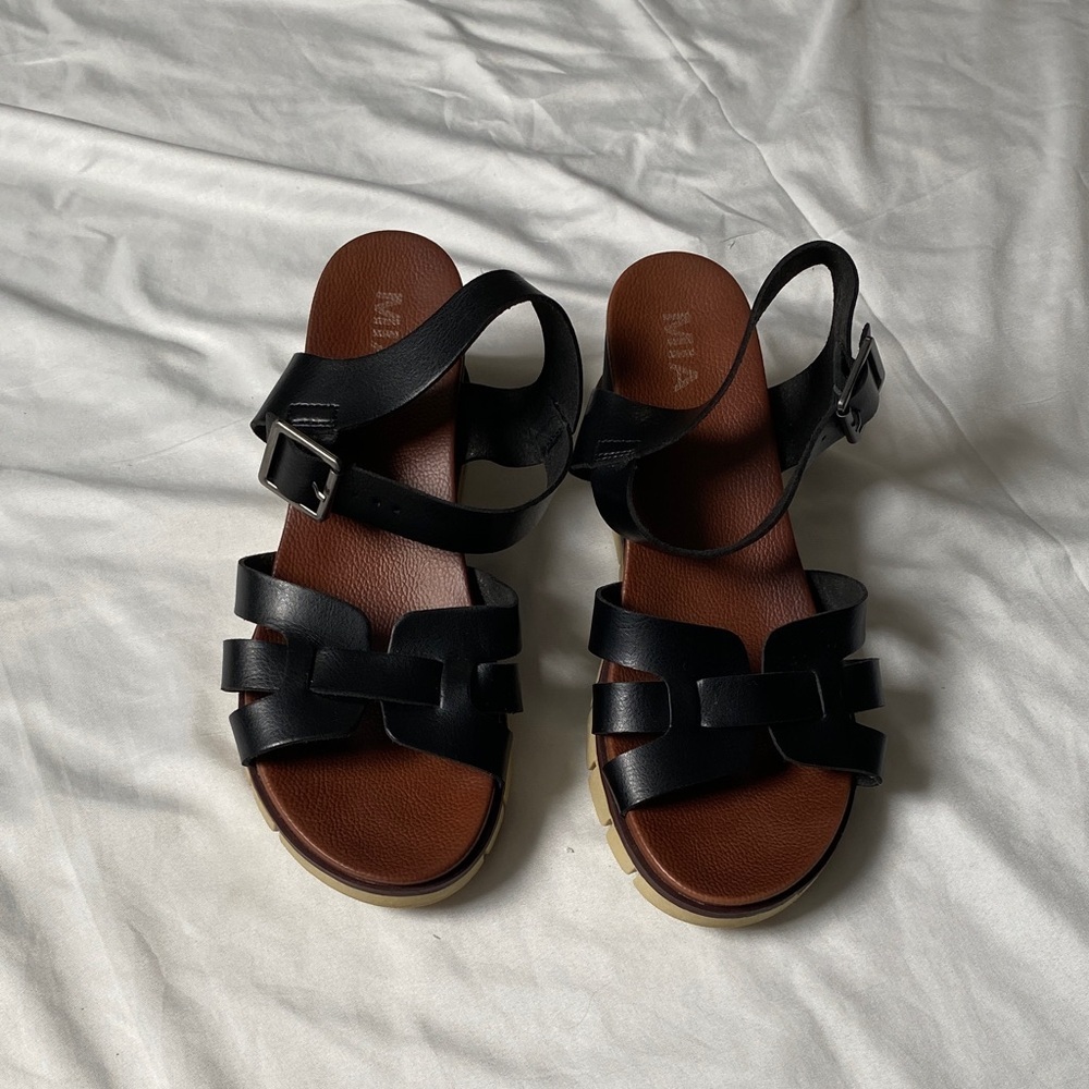 Black Leather Strappy Sandals by MIA - Comfortable Everyday Style
